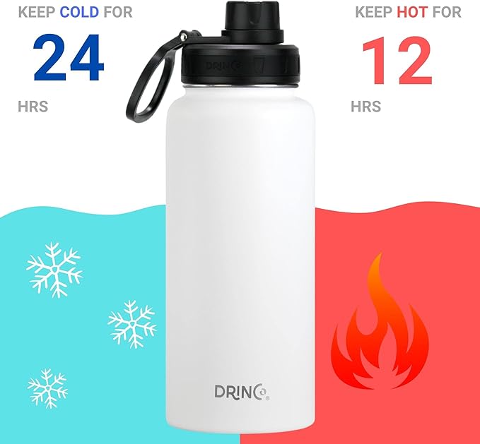 DRINCO Stainless Steel Water Bottle Spout Lid Vacuum Insulated Double Wall Water Bottle USA Flag Military Veteran (32oz Skull Artic White, 32oz)