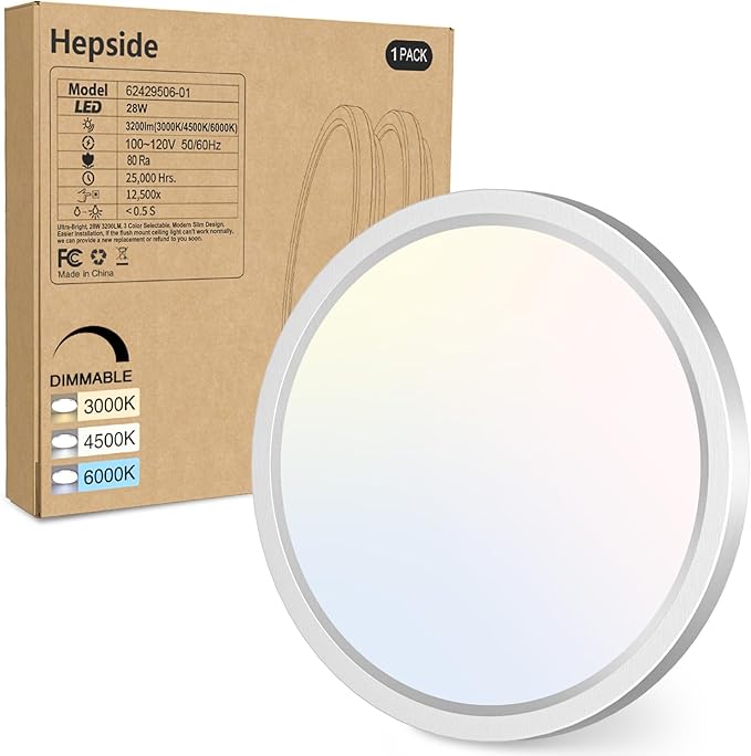 hepside 2PACK Flush Mount LED Ceiling Light Fixture Brushed Nickel, 12Inch 28W, Dimmable 3000K-4500K-6000K 3 Color Selectable Ceiling Lamp 3200LM Low Profile Ceiling Light for Kitchen Bedroom Hallway