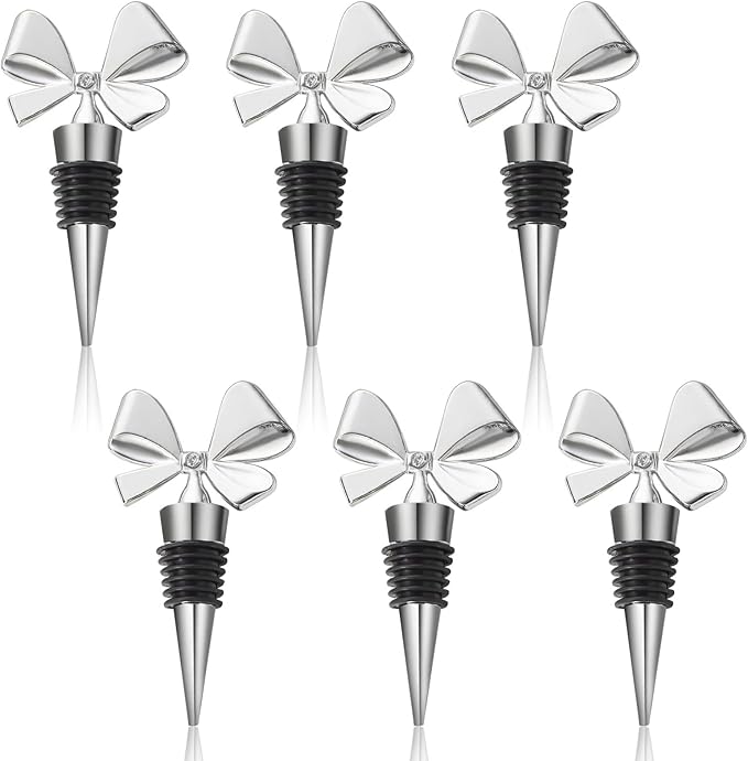 Bowknot Christmas Wine Bottle Stoppers, Holiday Decor - zinc alloy Decorative Wine Stoppers - Wine Gift for Hostess - Cute Wine and Beverage Corker Bottle Sealers (6 pcs)