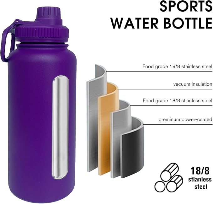 32oz Insulated Water Bottle ,Stainless Steel Sports Water Cup Flask with 2 Lids, Wide Mouth Travel Thermal Mug,Outdoor Sports Bottle(Purple)