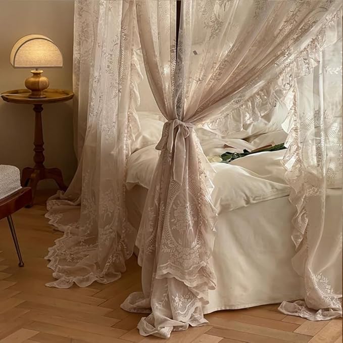 Elegant Lace Princess 4 Corner Post Mosquito Net Romantic for Girls Women Bed Curtain Canopy for Adult Wedding Bedroom Kids Rooms Decoration (Color-C, Queen)