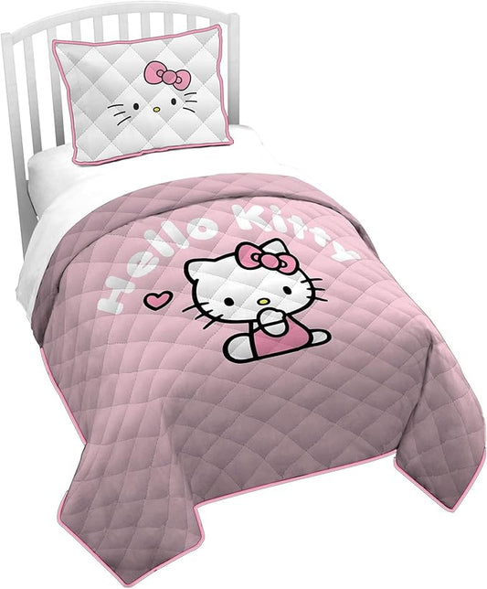 Jay Franco Hello Kitty Pink Stripes & Hearts Twin Size Quilt & Sham Set - Super Soft Lightweight Bedspread Set