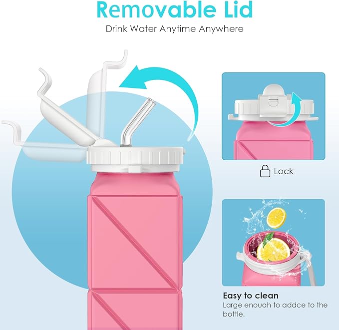 Collapsible Water Bottles,BPA-Free Leak-Proof Silicone Foldable Water Bottle Cup 20.6oz,Durable Lightweight Bottle for Gym Travel Camping Hiking Running (Type2 Pink+Nave Blue+Green+Grey)