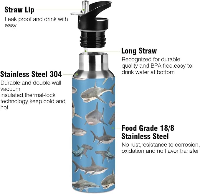 Stainless Steel Water Bottle with Straw Lid - 20 Oz Sports Insulated Water Bottle Thermos for Sport Gym Outdoor Travel School (shark hammerhead shark)