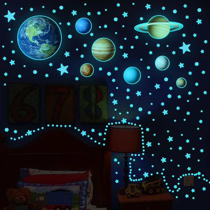 Glow in The Dark Solar System Wall Decals,Glow in The Dark Stars Solar System Wall Decals,Sun and 8 Major Planets Wall Decals for Bedroom, Nursery Wall Stickers for Bedroom (Blue)