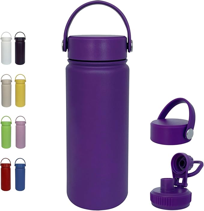 18oz Insulated Water Bottle ,Stainless Steel Sports Water Cup Flask with 2 Lids, Wide Mouth Travel Thermal Mug,Outdoor Sports Bottle(Purple)