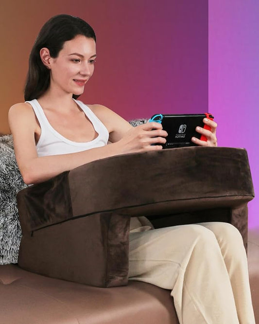 Weighted Idea Reading Pillow for Gaming, Meduim Gaming Pillow for Adult,Table Pillow with 2 Side Pockets for Gaming, Reading, Working Sitting in Bed Floor Sofa (Brown)