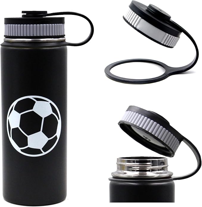 18 oz Soccer Water Bottle, Wide Mouth Travel Sports Flask with 2 Lids(Straw Lid+Flex Cap)BPA Free 18/8 Stainless Steel Double Wall Vacuum Insulated Water Bottles (18oz, Soccer)