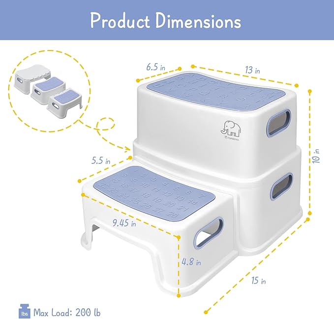 Forbena Kids Step Stool for Bathroom, 2 Step Stool for Toddlers Toilet Potty Training, Sturdy Children Plastic Step Stool for Bed Bathroom Counter Sink (White-Blue)