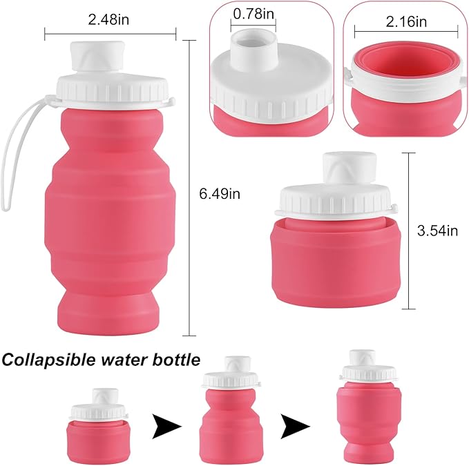 THAIOXYH® Collapsible Water Bottles 11 oz(320ml) Reuseable Foldable Portable BPA Free Silicone Collapsible Water Bottles for Traveling Hiking Camping Sports (pink)…