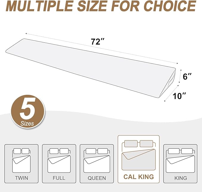 WdFour Bed Wedge Pillow, Wall and Mattress Gap. Incline, Slanted Sweat-Proof Pillow for Neck and Back Pain Relief Anti-snoring for Comfortable Sleeping.(Beige, California King(72Wx10Dx6H))
