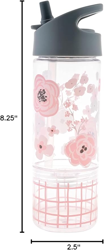 Stephen Joseph, Kids Sip and Snack Water Bottle, 12 oz Tritan BPA Free, Drink and Snack Water Bottle for Girls & Boys, Back to School Water Bottle, Charcoal Flower