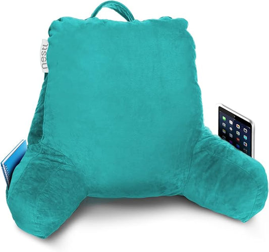Nestl Reading Pillow Standard Bed Pillow, Back Pillow for Sitting in Bed Shredded Memory Foam Chair Pillow, Reading & Bed Rest Pillows Teal Back Pillow for Bed, Bed Chair Arm Pillow with Pockets