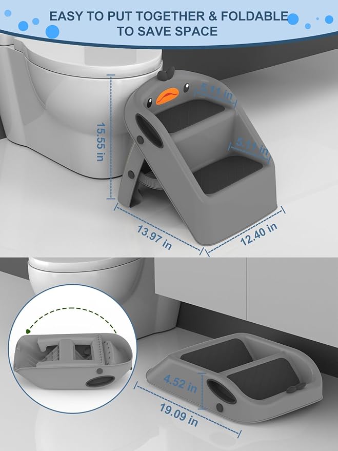 Toddler Kids Step Stool for Bathroom Sink Dark Grey | Foldable 2 Step Stool for Kids 1-4 Years Old | Dual Height 15.5" Child Kitchen Helper with Handles - Easy to Move, Slip-Resistant