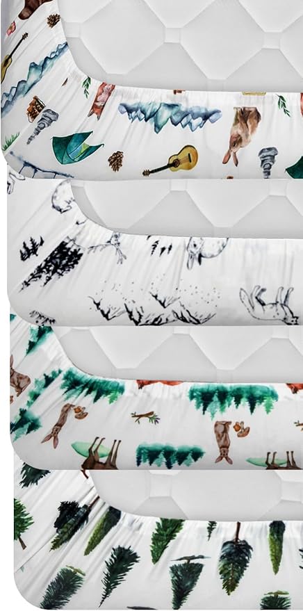 4 Pack Woodland Forest Animals Wood Neutral Unisex Fitted Baby Crib Sheets Set for Baby Boys or Girls Forest