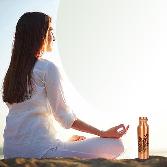 Pure Copper Water Bottle - Handcrafted - Ayurveda health benefits - Large 35 oz - Leak proof - Easy to carry for Sports, Fitness, Yoga, School - Natural Copper Finish Peacock Motif Enamel