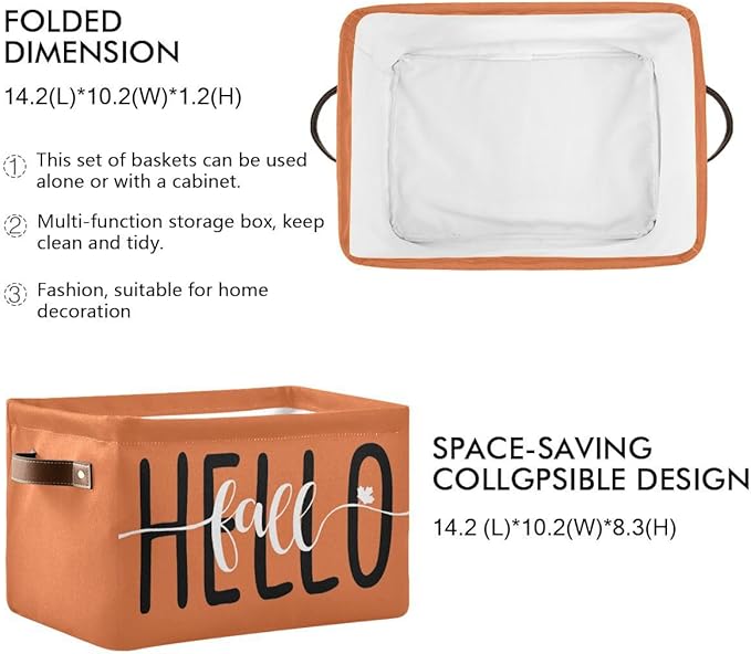 Hello Fall Orange Storage Basket Fabric Kitchen Baskets Autumn Pumpkin Open Home Storage Bins Boxes Foldable Organizer Bag for Baby Cloth Pet Toy Book Shelf Closet Baskets 16×12×8 Inches