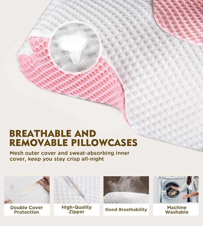 Cervical Pillow for Neck Pain Relief, Hollow Design Odorless Memory Foam Pillows with Cooling Case, Adjustable Orthopedic Bed Pillow for Sleeping, Contour Support for Side Back Stomach Sleepers