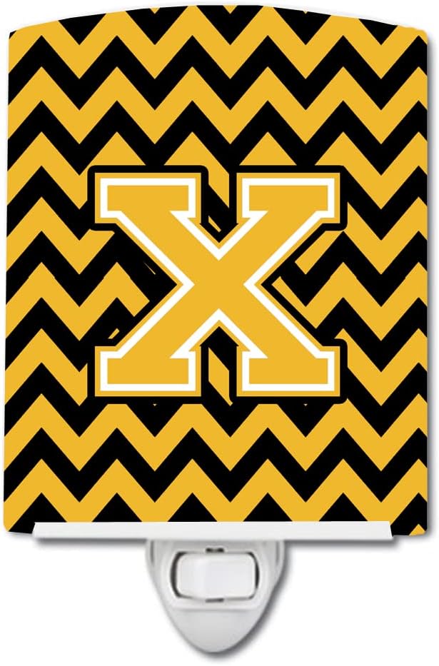Caroline's Treasures CJ1053-XCNL Letter X Chevron Black and Gold Ceramic Night Light Compact, UL-Certified, Ideal for Bedroom, Bathroom, Nursery, Hallway, Kitchen, 6x4x3, Multicolor