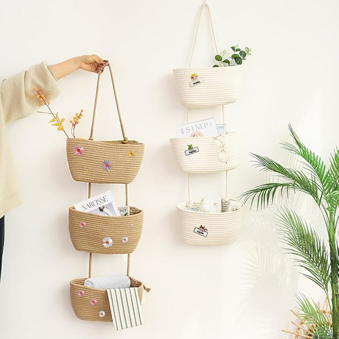 TeoKJ Over The Door Hanging Baskets, 3-Tier Woven Cotton Storage Organizer with Hooks Wall-Mounted with Self Adhesive Space Astronaut Stick Decorative Hanging Nursery Baskets - Jute
