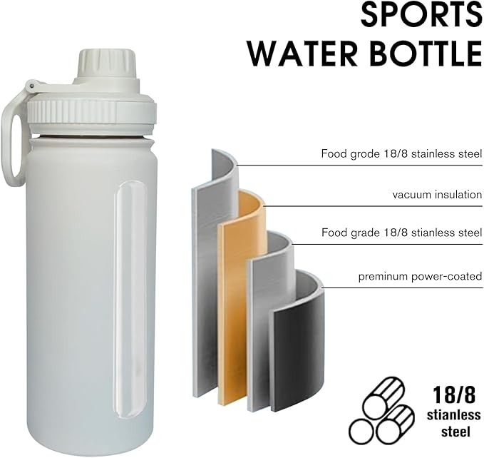 18oz Insulated Water Bottle ,Stainless Steel Sports Water Cup Flask with 2 Lids, Wide Mouth Travel Thermal Mug,Outdoor Sports Bottle(white)