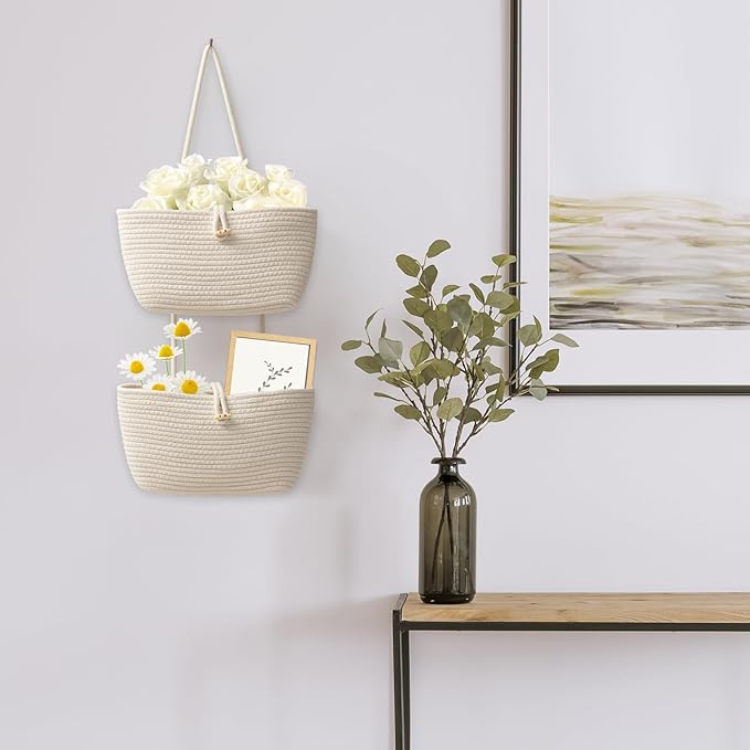 TeoKJ Over the Door Hanging Baskets with Button Strap, 3-Tier Woven Cotton Storage Organizer Bag, Wall-Mounted with Hook Decorative Hanging Kitchen Baskets - White