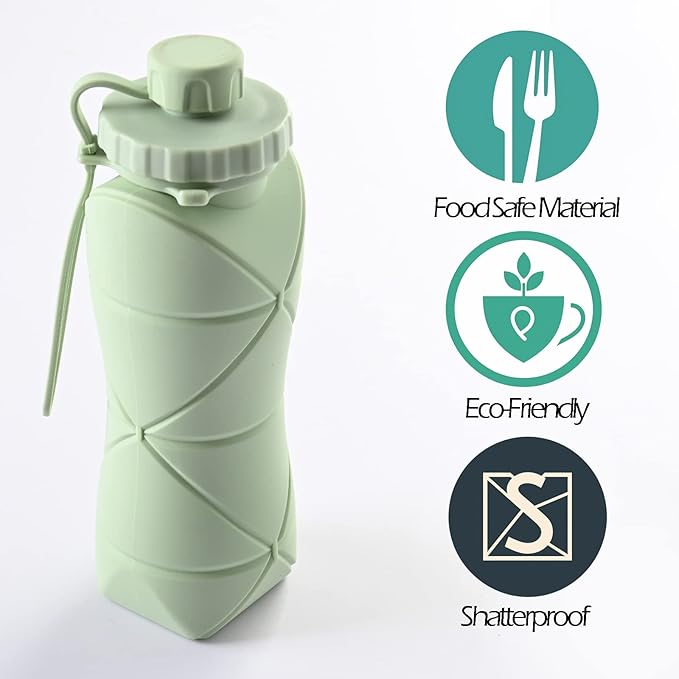 Collapsible Water Bottle, Silicone Foldable Water Bottles For Travel, Easy-To-Carry Design And Compact Size, BPA Free, 20 oz (Green)