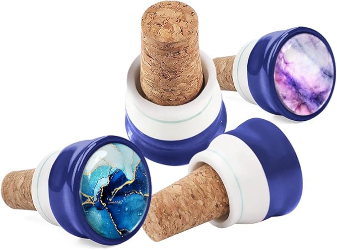 WIRESTER Set of 4 Ceramic Cork Decorative Wine Bottle Stoppers For Bar, Holiday, Party, Wedding - Marble Pattern