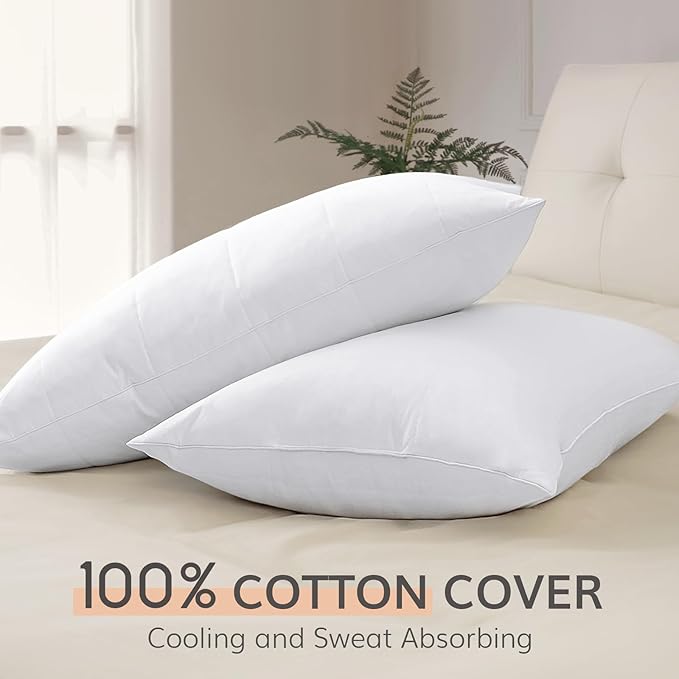 SAVORI Goose Down Feather Pillows with 100% Cotton Cover, Soft Hotel Bed Pillow for Sleeping, Cooling Pillow for Back, Stomach or Side Sleepers, King Size-White 20x36 Inch