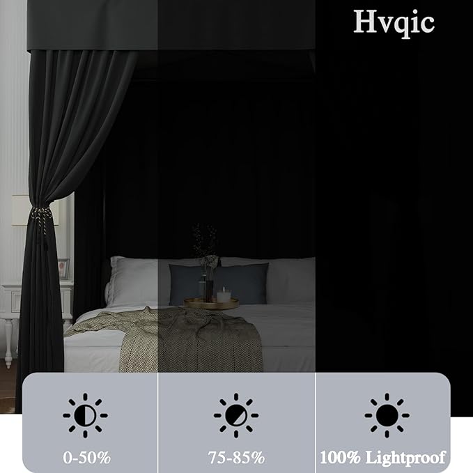 Hvqic Black Canopy Bed Curtains - 4 Corner Post Bed Curtains California King Bed Curtains Lightproof Drapes Bed Canopy for Adults & Girls Bedroom Decoration(California King,Black)