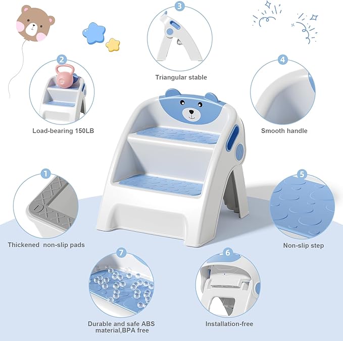 Folding Kids Step Stool for Bathroom and Potty Training,2.9lbs,Anti-Slip, Anti-Tip A-Frame Design with 10-Second Setup-Potty 2 Step Stool for Toddlers,CPC Certified for Safety and Easy Hand Washing