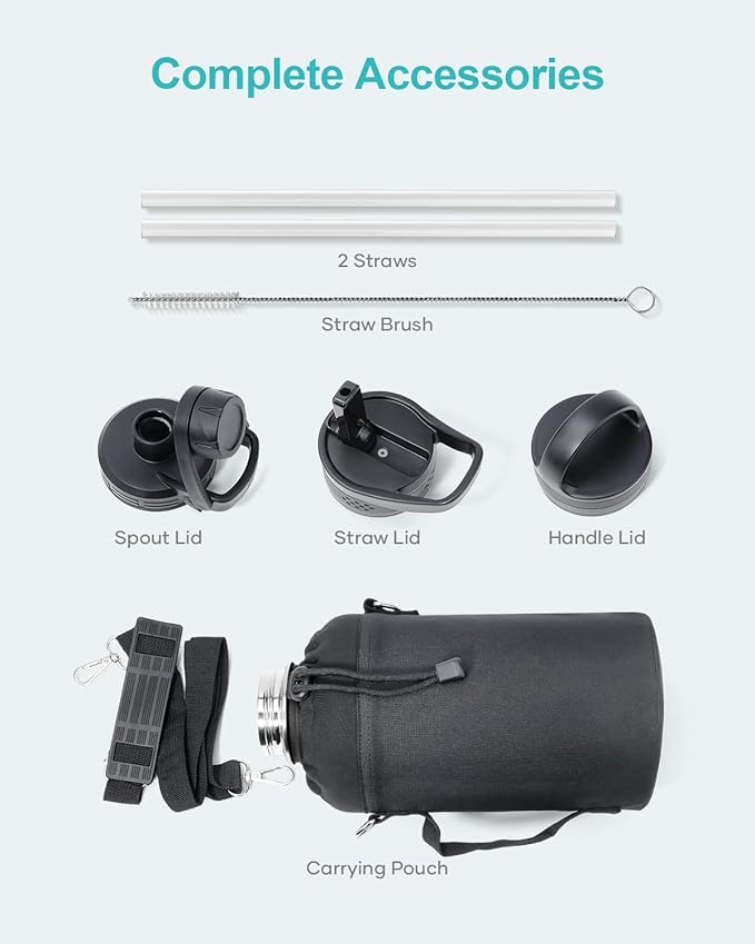 BUZIO Water Bottle with Straw lid, Spout Lid, Hand Lid and Carrying Pouch, 32oz 40oz 64oz Stainless Steel Water Flask Jug, Cold for 48 Hrs Hot for 24 Hrs Double Vacuum Thermo Canteen Mug, BPA-Free
