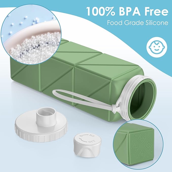 Collapsible Water Bottles 20.7oz Leakproof with Straw Lid Food-Grade BPA-Free Silicone Travel Foldable Water Bottles for Sports Office Gym Hiking Driving 610ML (Light Purple+Army Green)