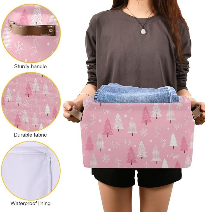 Christmas Tree Pink Storage Basket Fabric Kitchen Baskets Winter Snowflake Xmas Decorations Open Home Storage Bins Boxes Foldable Organizer Bag for Toy Book Shelf Closet Baskets 16×12×8 Inches