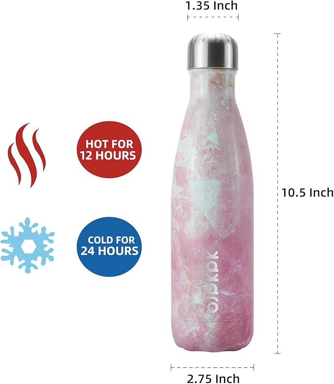BJPKPK Insulated Water Bottles -17oz/500ml -Stainless Steel Water Bottles,Sports Water Bottles Keep Cold for 24 Hours and Hot for 12 Hours,BPA Free Water Bottle,Marble Blossom