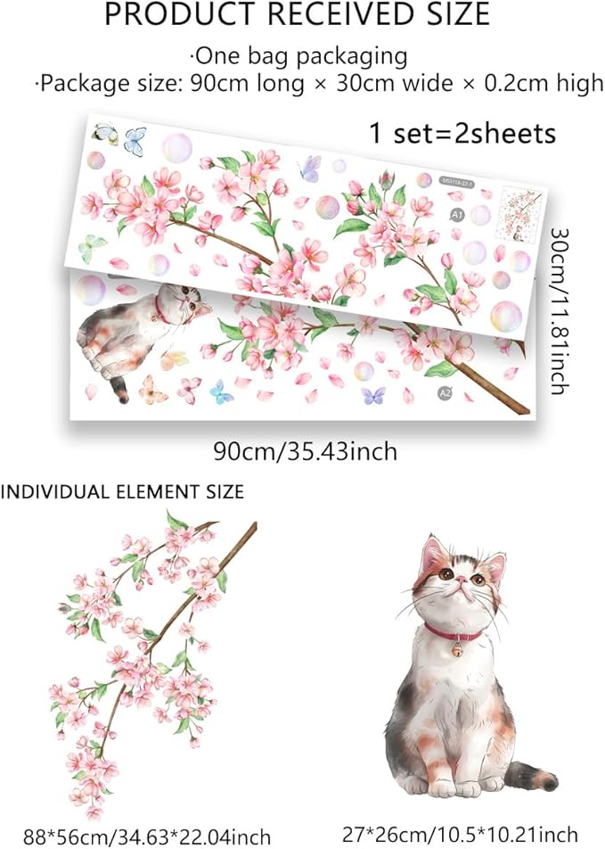 Pink Flower and Cat Wall Stickers - Set of 2, Easy to Apply, Stylish Home Decor