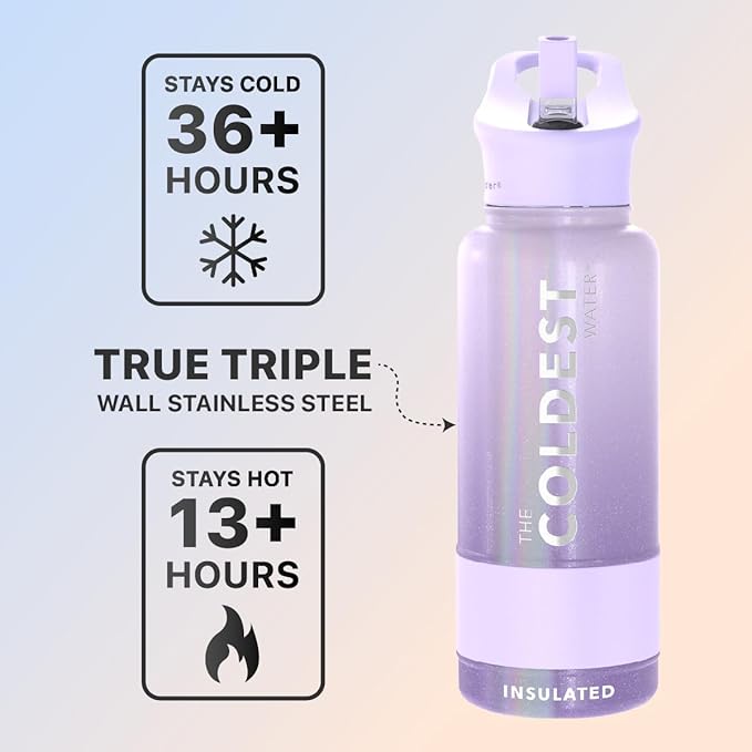 Coldest Sports Water Bottle with Straw Lid Vacuum Insulated Stainless Steel Metal Thermos Leak Proof Flask for Sports Gym (32 oz, Purple OmbrΓ© Glitter)