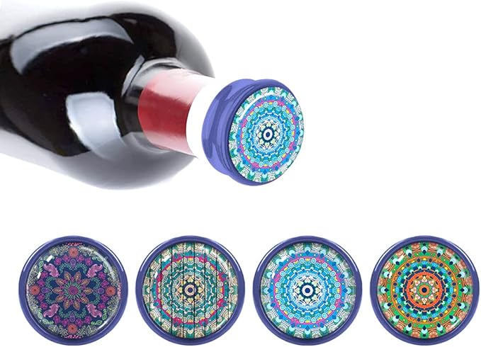 WIRESTER Set of 4 Ceramic Cork Decorative Wine Bottle Stoppers For Bar, Holiday, Party, Wedding - Bohemian Mandala (Colorful, Sunshine, Blue, Wood Look)