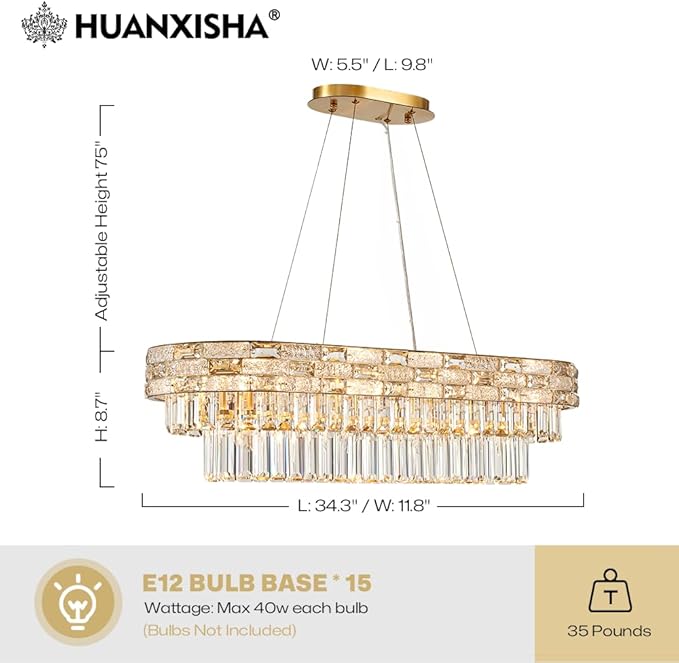 Gold Oval 12-Light Modern Crystal Chandelier for Dining Room Kitchen Island Bar, L34.3 Inch