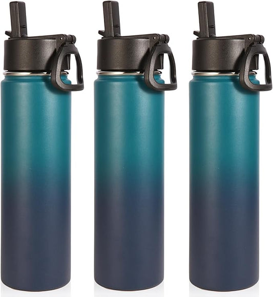 Volhoply 24oz Insulated Water Bottle With Straw Bulk 3 Pack,Metal Wide Mouth Water Bottles With Handle Keep Cold,Reusable Double Wall Thermos,Powder Coated Sport Bottle For Holder(Dark Night,3 Count)