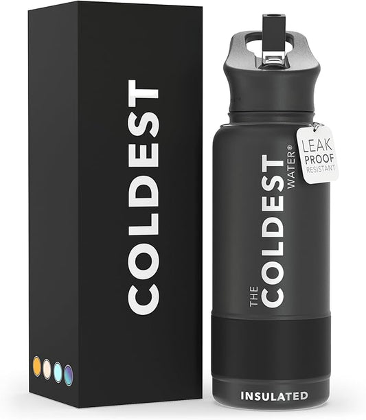 Coldest Sports Water Bottle with Straw Lid Vacuum Insulated Stainless Steel Metal Thermos Bottles Reusable Leak Proof Flask for Sports Gym (Stealth, 32 oz)