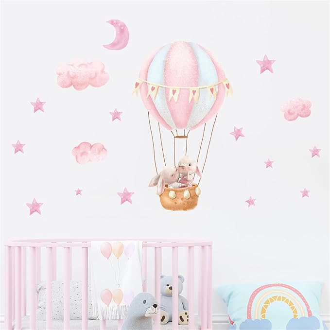 Pink Cloud Hot Air Balloon Rabbit Wall Decal Cute Bunny Moon and Stars Wall Stickers Baby Girls Room Nursery Decor