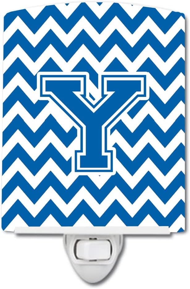 Caroline's Treasures CJ1056-YCNL Letter Y Chevron Blue and White Ceramic Night Light Compact, UL-Certified, Ideal for Bedroom, Bathroom, Nursery, Hallway, Kitchen, 6x4x3, Multicolor