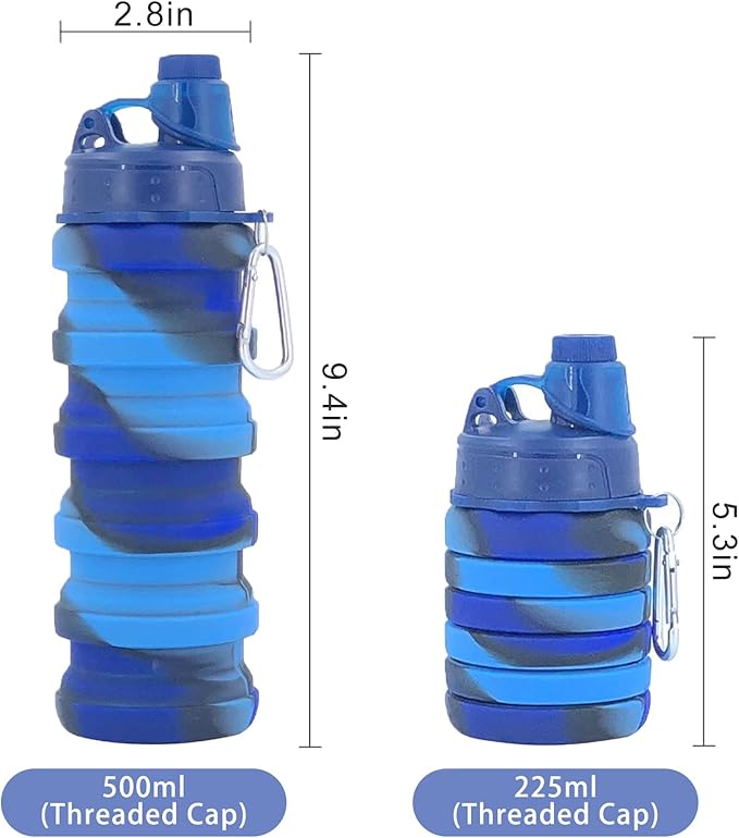 Collapsible Water Bottles Two Pack Travel Sports Portable Sport Water Bottle comes with mountaineering Buckle 500ml silicone Water-proof camping water bottle (Blue camouflage+Blue camouflage)