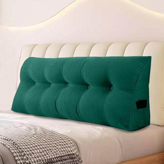 Large Triangular Headboard Pillows Long Backrest Positioning Support Bolster Cushion for Daybed Fluffy Quality Plush Body Wedge Pillow with Removable Cover(Dark green-Queen-59x8x20in)