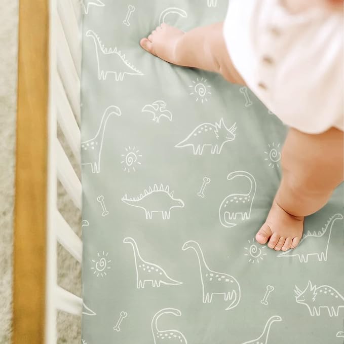 GRSSDER Stretch Ultra Soft Jersey Knit Fitted Crib Sheets Set 2 Pack,Fit All Standard Crib Mattress Pads Safe and Snug, Crib Fitted Sheet for Baby, Dinosaur
