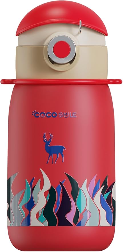 Deer Thermal Vacuum Insulated Water Bottle with Straw & lid - Durable & Premium Design - Easy Open Button, Food Grade Stainless Steel - Dishwasher Safe kids cup (17 Oz)
