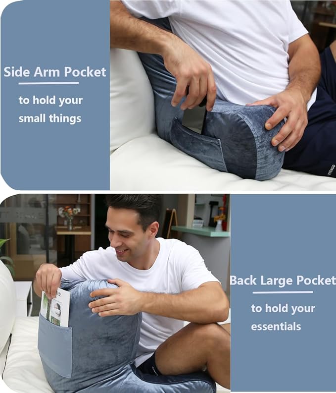 Reading Pillow 31”Wx21”H Back Pillow for Bed Sitting Up, Bed Pillow with Shredded Memory Foam with Arm Backrest, Back Support Pillow with Leg Pillow and Pocket for Reading/Gaming/Relaxing