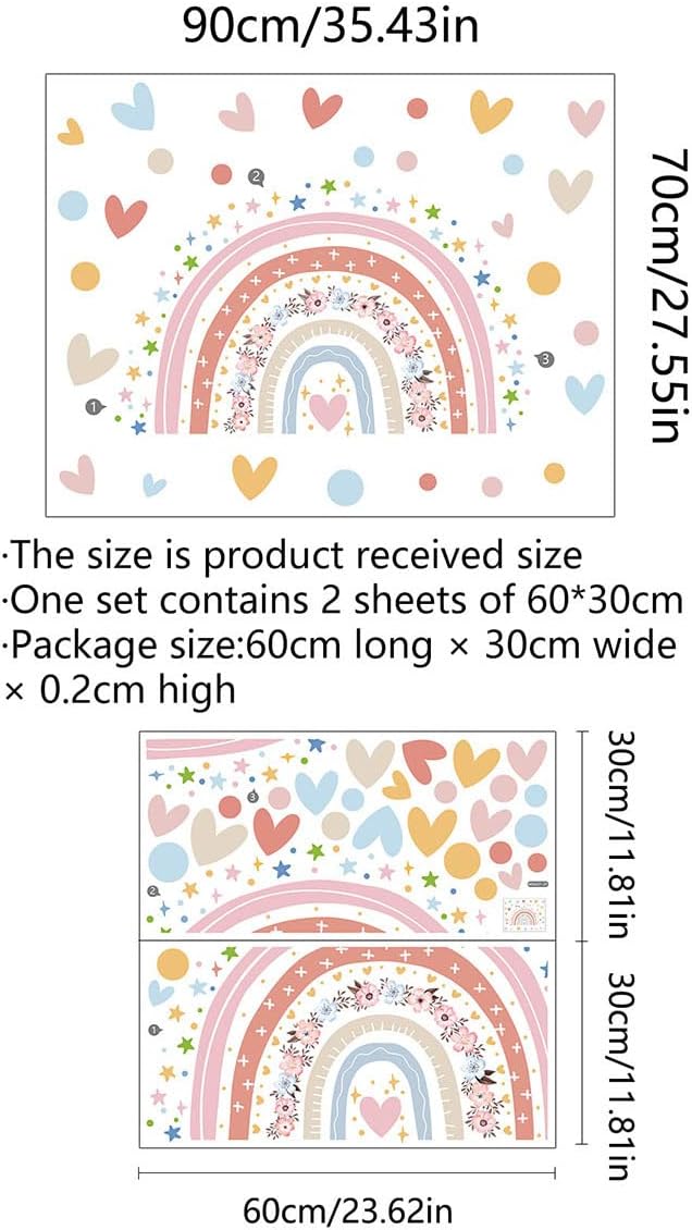 Large Boho Watercolor Rainbow Wall Decals Boho Love Stars Flowers Rainbow Wall Stickers for Girls' Room Kids Baby Nursery Bedroom Living Room Playroom Classroom Wall Decor