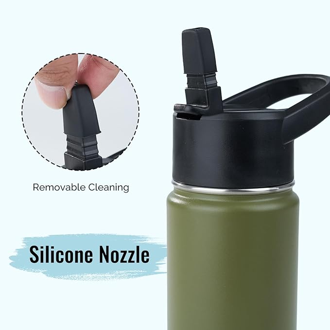 Stainless Steel Water bottle with Straw & Wide Mouth Lid, Wide Rotating Handle, 18oz Double Wall Vacuum Insulated Water Bottle Leak Proof, BPA Free, Keep Cold and Hot, 18oz, Army Green